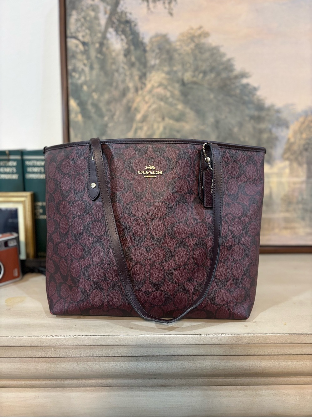 Coach Burgundy Signature Tote with leather Trim